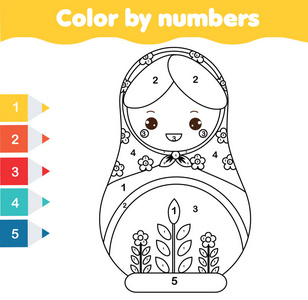 儿童教育游戏。 彩色页面与俄罗斯马特拉什卡娃娃。 按数字印刷的幼儿活动颜色