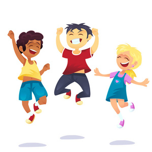 快乐的学校多种族的孩子快乐地跳跃和笑，孤立在白色的背景上。 幸福的概念，胜利的乐趣。 横幅海报网站邀请的矢量卡通插图