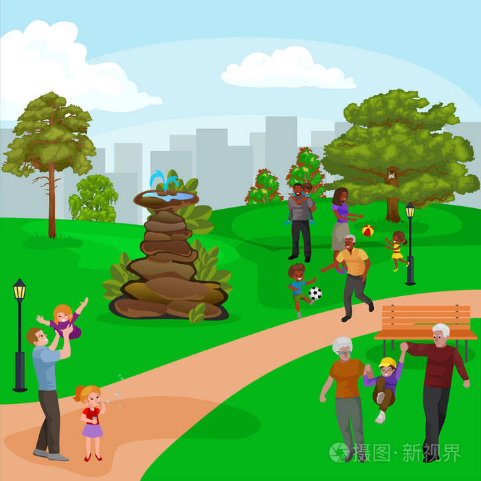 在公园喷泉, 男孩和女孩在户外玩周围花园瀑布,随便的人,在假期矢量图