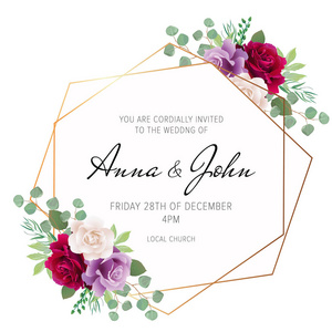婚礼花卉邀请卡设计与红色勃艮第紫和白色玫瑰花和优雅的几何金色框架。 时髦的结婚卡。 现代模板
