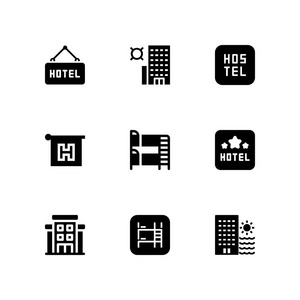 9个旅舍图标，包括酒店铺床及旅舍矢量图，以作平面设计及网页