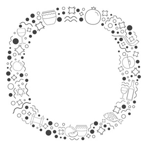 框架与罗什哈沙纳假日平面设计黑色细线图标。 模板与空间的文本隔离在背景上。