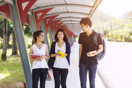 一群年轻学生在学校散步和交谈的肖像。