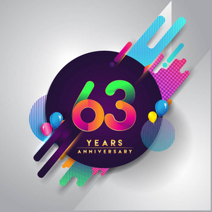 63周年纪念标志与彩色抽象背景，矢量设计模板元素的邀请卡和海报您的生日庆祝