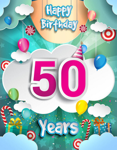 五十年生日设计贺卡和海报与礼品盒气球。 周年庆典设计模板