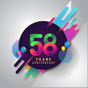 58周年纪念标志与彩色抽象背景矢量设计模板元素邀请卡和海报您的生日庆祝
