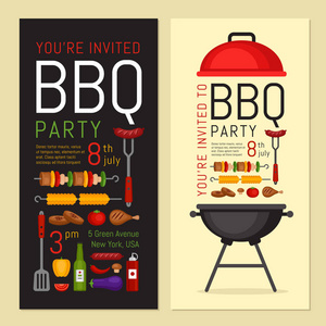 烧烤派对邀请与烧烤和食物。 烧烤海报。 食品传单。 平面样式矢量插图。