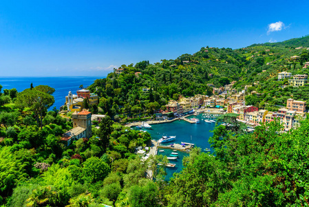 意大利港五颜六色的房子和游艇在小湾港。 利古里亚热那亚省意大利。 意大利渔村，夏季有美丽的海岸景观。