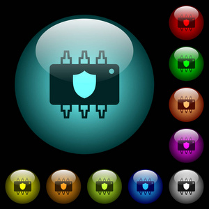 黑色背景上彩色照明球形玻璃按钮的硬件保护图标。 可用于黑色或深色模板