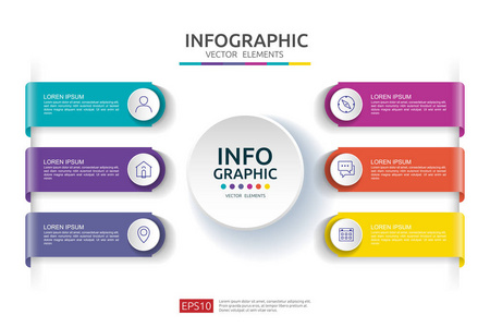 6个步骤信息。 时间线设计模板与三维纸标签。 有选择的商业概念。 内容图流程图步骤部分工作流程图布局图