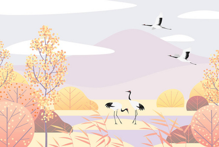 自然背景与湿地场景和日本丹顶鹤。 秋天的风景有山树芦苇和鸟。 矢量平面朴素插图。
