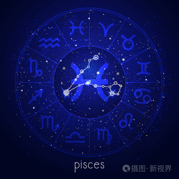 星座和双鱼座在星空背景上有占星圈和神圣符号. 蓝色矢量插图.