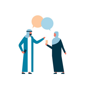 阿拉伯情侣商务人士组合聊天气泡商务谈判沟通理念男人女人卡通人物剪影全长扁平隔离