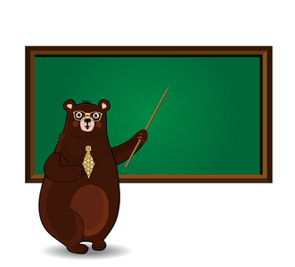 矢量插图可爱的卡通熊老师在眼镜和领带持有指针站在黑板附近，复制空间隔离在白色背景。 回到学校或教师日剪辑艺术。