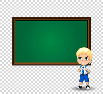 卡瓦伊的小金发男孩，大绿眼睛，穿着制服，背包站在黑板附近，复印空间被隔离在透明上。 矢量返回学校或教师日剪辑艺术。