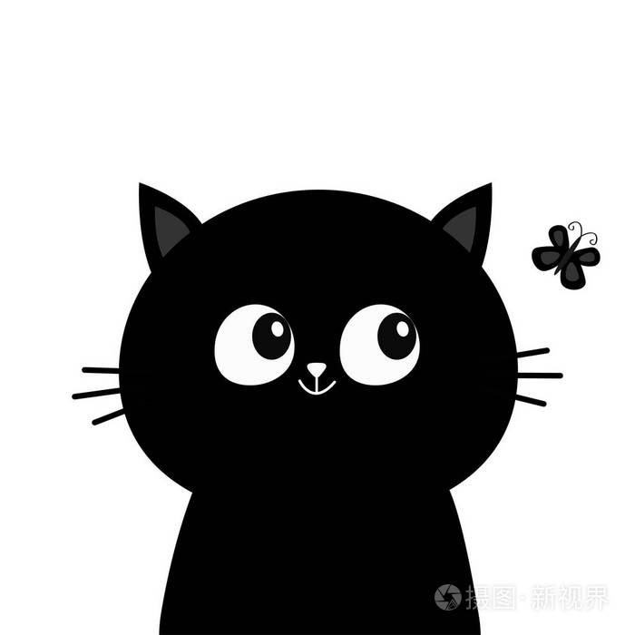 黑猫头脸侧影看着蝴蝶虫可爱的卡通人物宠物收藏问候婴儿卡平面设计