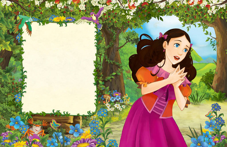 卡通场景与公主在森林标题页与空间的文本插图儿童