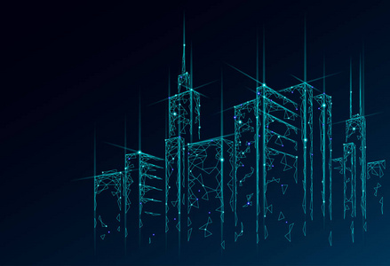 低聚智能城市3d 丝网。智能楼宇自动化系统的经营理念。网络在线计算机网络。建筑城市景观技术素描横幅矢量插图