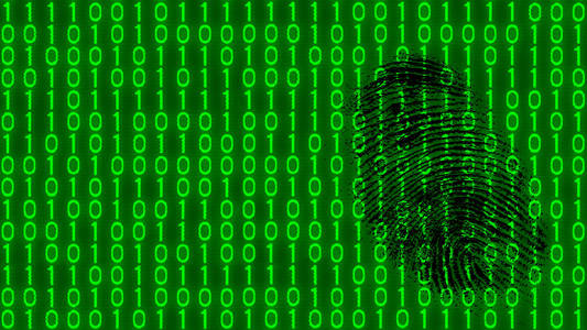 二进制代码模式数字背景上的黑色指纹。 绿色1和0位数字的抽象纹理。 数字化软件ai的思想。 网络空间间谍盗窃或破坏的概念。