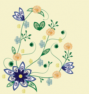 复古邀请卡与华丽优雅的复古抽象花卉设计皇家蓝色和橙色的花在淡黄色的网格背景。 矢量图。
