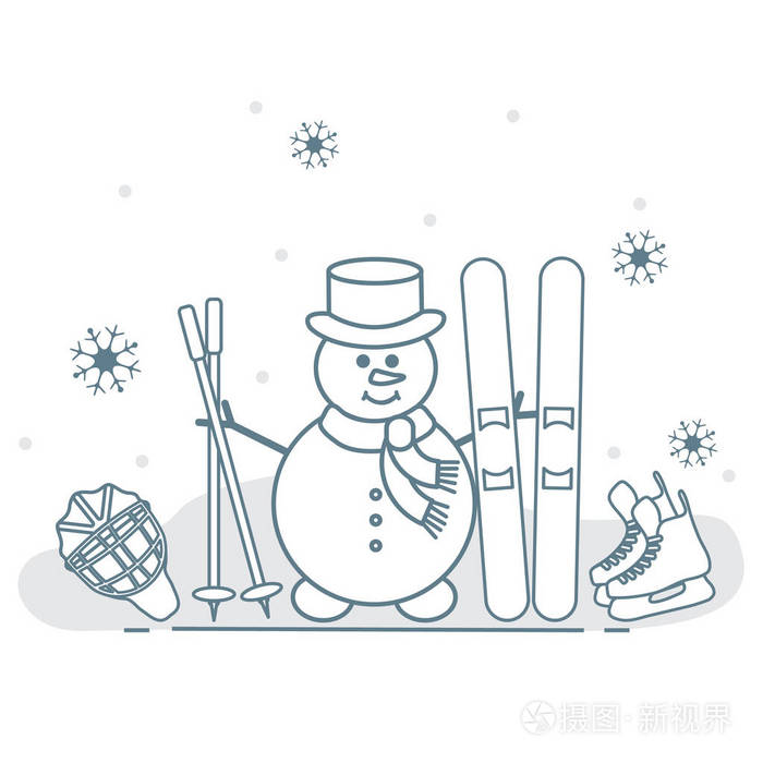 带滑雪和曲棍球设备的雪人 矢量卡通滑雪者符号.