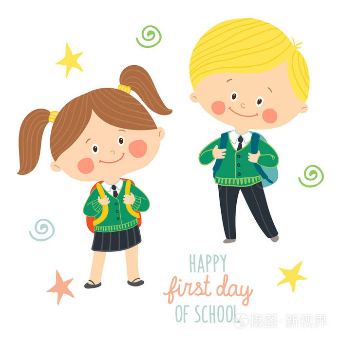 滑稽的手画孩子在校服与书包.可爱的男孩和女孩的背包.