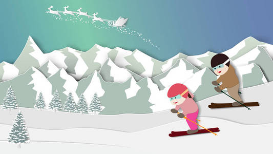 纸折叠艺术折纸风格矢量插图。 圣诞快乐新年快乐。 孩子们喜欢在冬天的雪夜滑雪，极光的天空，圣诞老人的驯鹿在背景山上滑雪