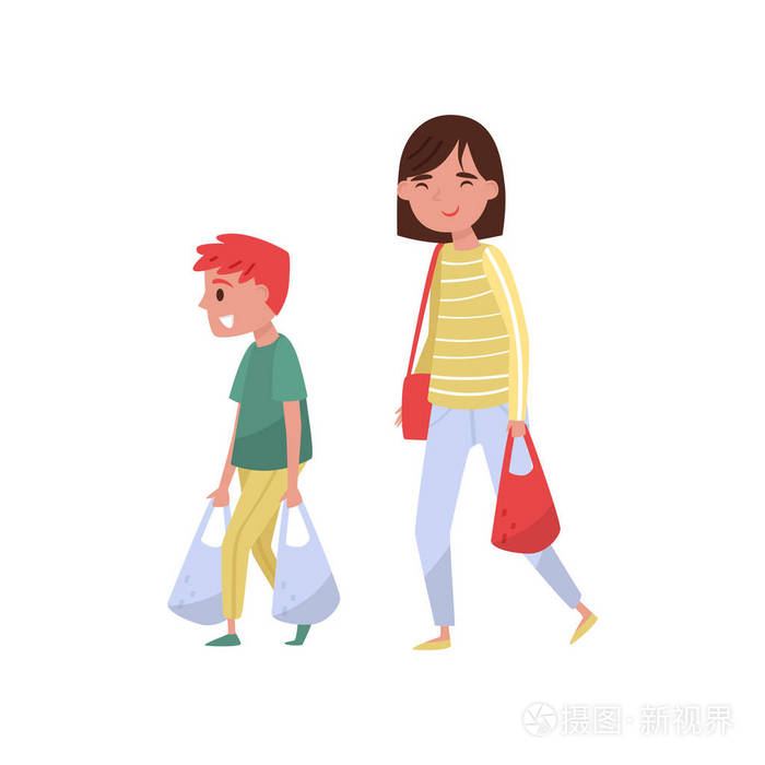 孩子帮妈妈提购物袋.有礼貌的男孩和年轻的女人.有礼貌的孩子.