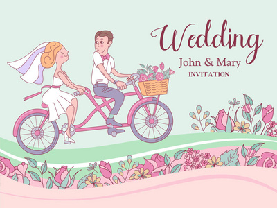 快乐的婚礼。 结婚卡。 结婚邀请。 快乐的新娘和新郎骑自行车。 玫瑰和草药的小径。 可爱的矢量插图。