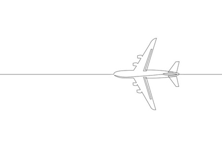 连续一条线艺术乘客飞机旅行概念。快速飞向左边平原货物之旅白色天空商务手绘素描。航空交通旅游矢量图
