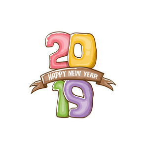 2019新年快乐海报设计模板。矢量新年祝福插图与彩色手绘制2019数字和星星在白色背景下隔离