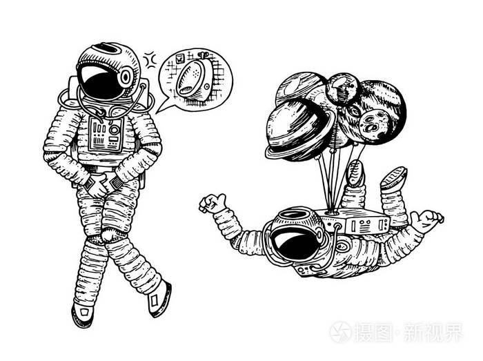 宇航员探索探险.卫生间的标志.刻在旧素描画的手.太阳系中的行星