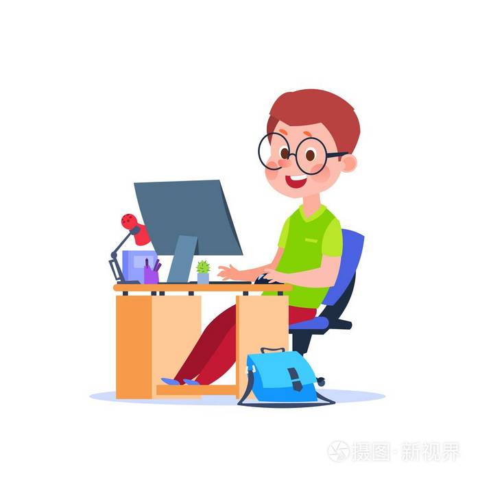 卡通男孩在办公桌边学习笔记本电脑.学生学习代码矢量概念