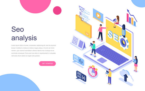 现代平面设计等距概念的SEO分析横幅和网站。 登陆页面模板。 团队合作项目网络代理和新公司项目。 矢量图。