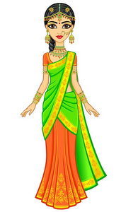 亚洲美人。 穿传统衣服的年轻印度女孩的动画肖像。 童话公主。 全面增长。 在白色背景上隔离的矢量插图。