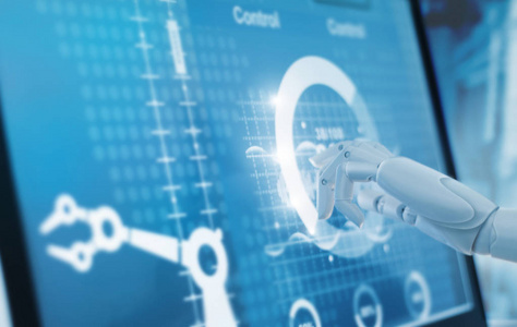 智能工厂工业机器人手触及控制自动化机器人手臂机在虚拟现实触摸屏上的监控系统软件。 艾。 未来主义技术和工业4.0概念。