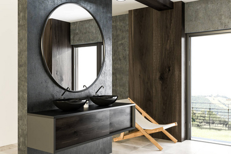 黑色双水槽在暗木柜台上，上面挂着一面圆形镜子，挂在豪华的混凝土和白色墙壁浴室内部。 奢侈的生活方式和水疗。 旅馆。 甲板椅三维渲