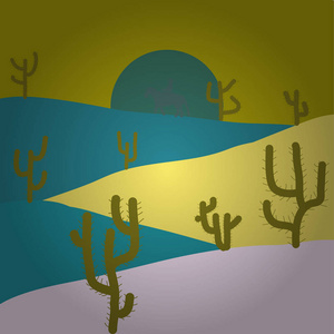 日落在山景的背景上。 黄色蓝色和中性颜色的景观。 沙漠仙人掌岩山的景观背景。 卡通平面游戏图形。