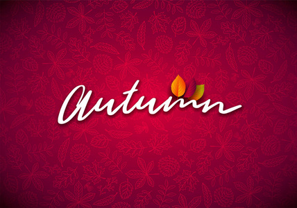 秋天例证以下落的叶子和排版字体在红色背景。秋季矢量设计与手工绘制的贺卡, 横幅, 传单, 邀请, 小册子或促销涂鸦