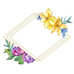 水彩彩色花束花。 花卉植物花。 框架边框装饰广场。 背景纹理包装图案框架或边框的水花野花。