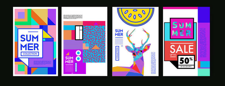 夏日缤纷海报设计模板..一套夏季销售背景和插图。夏季活动海报和横幅的极简设计风格