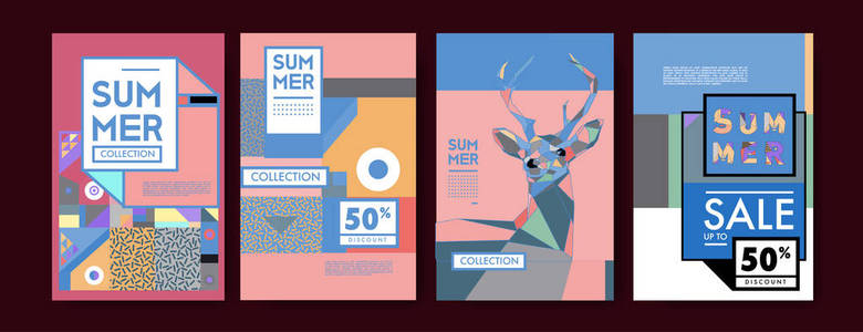 夏季彩色海报设计模板。 一套夏季销售背景和插图。 夏季活动海报和横幅的极简设计风格