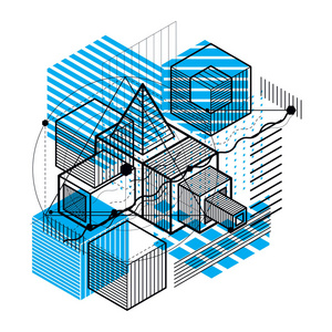 抽象三维形状组合矢量等距背景。 立方体六边形矩形和不同抽象元素的组成。