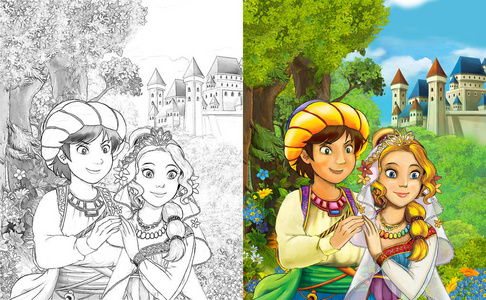 卡通场景，快乐的男孩和女孩，公主和王子站在城堡附近，为孩子们提供着色页插图