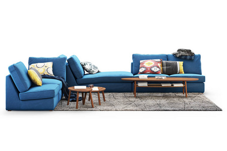 现代家具设置沙发，地毯和咖啡桌在白色背景与阴影。斯堪的纳维亚风格。现代风格。深蓝色面料装潢。3D渲染