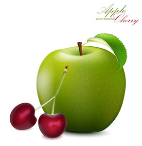 苹果和樱桃套装。 现实的3D苹果和樱桃。 详细的3D插图隔离在白色上。 网页或打印包装的设计元素。 矢量图。