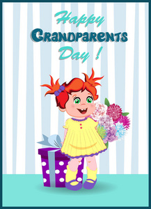 快乐的祖父母日贺卡与可爱的卡通小女孩角色，姜发拿着大礼品盒和花束在条纹墙背景。 卡瓦伊婴儿的矢量插图。