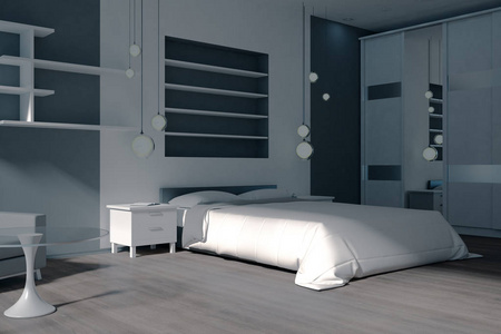 现代卧室内部有家具和阳光。 3D渲染