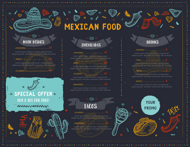 墨西哥美食餐厅菜单, 模板设计与辣椒, 草帽, 玉米饼, 玉米饼, 玉米煎饼的草图图标。黑板食品传单促进, 网站横幅