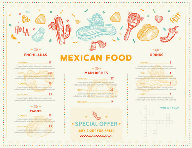 墨西哥美食餐厅菜单, 模板设计与辣椒, 草帽, 玉米饼, 玉米饼, 玉米煎饼的草图图标。黑板食品传单促进, 网站横幅
